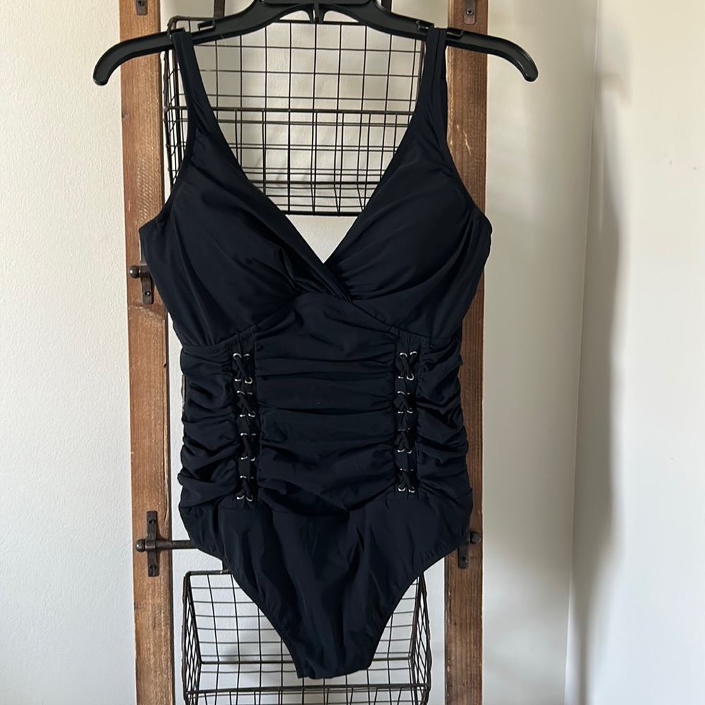 Women’s one piece bathing suit in black.